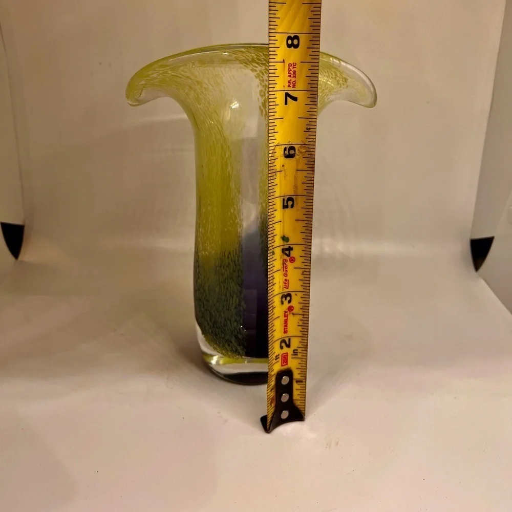 Teleflora Speckled Art Glass Vase Purple Green Flared Lip Hand Blown 8 Inch
